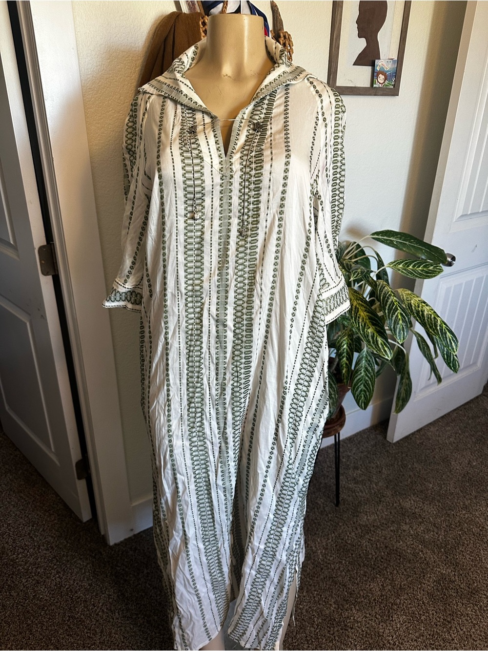 Women's White Swim Cover-Up with Olive Green Stripe Detail